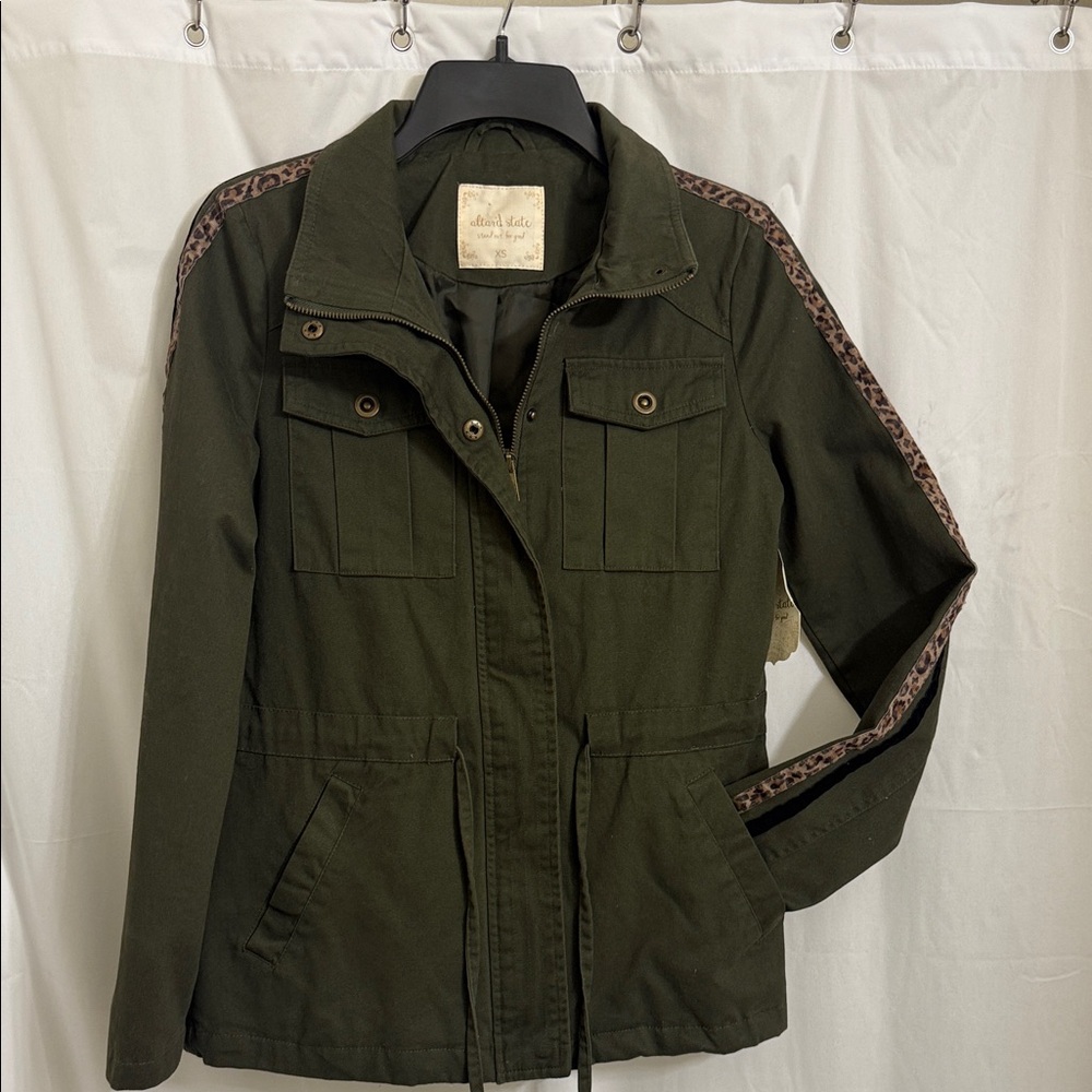 Altar’d State Olive Green Utility Jacket with Leopard Trim. XS
